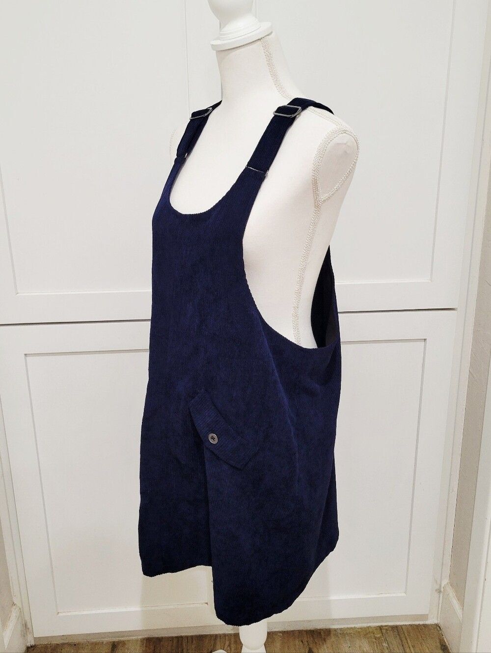 ModCloth Navy Blue Corduroy Romper Dress with Adjustable Straps | Size Large - Picture 2 of 9